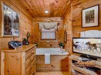 Jetted tub and flat screen TV in the master bedroom of this one bedroom cabin in the Smokies